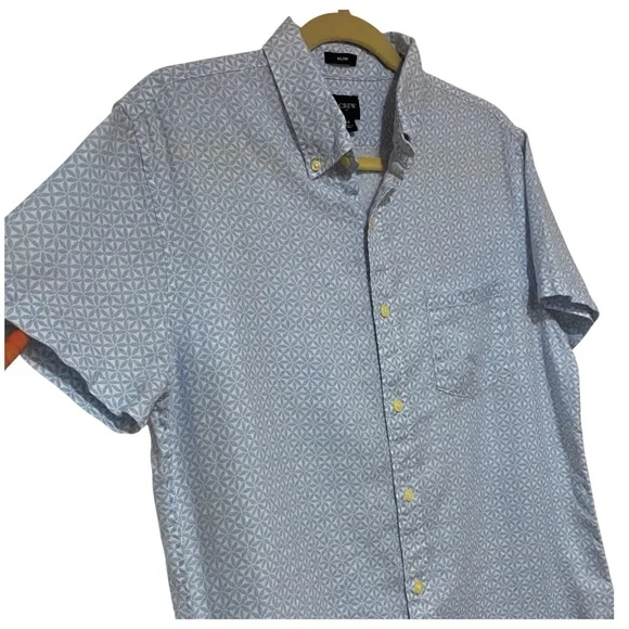 J.Crew Light Blue Geometric Button Down Short Sleeve Linen Slim Men’s Shirt M - Picture 3 of 10